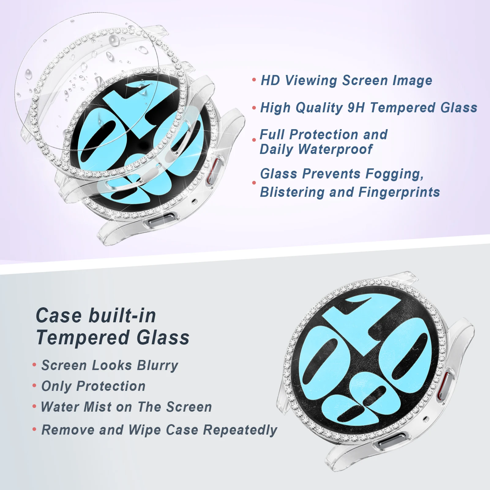 Glass+Case for samsung Galaxy watch 6 5 4 accessoires Bling Diamond PC bumper+Screen protector watch6 watch4 5 44mm 40mm Cover