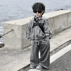 Boys' Sets Spring Autumn Hoodies Pants Two-piece Suits Retro Street Fashion Letter Print 2024 New Handsome Children's Clothes