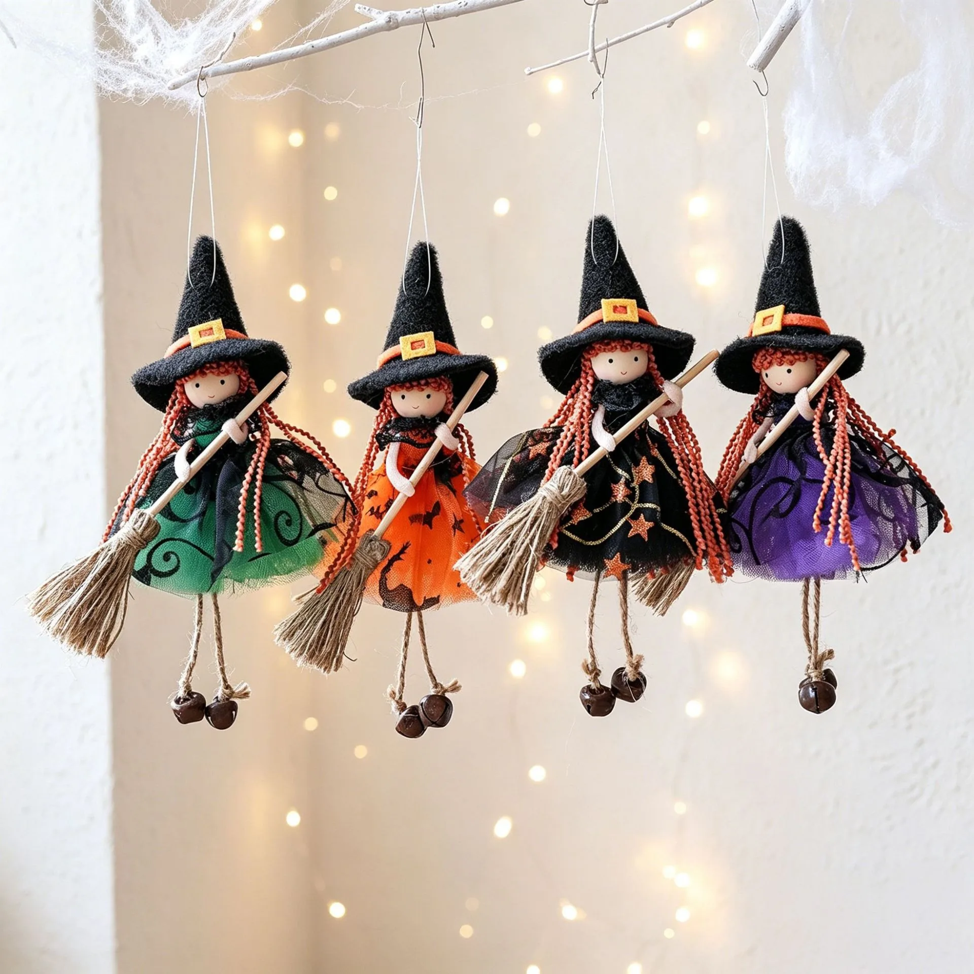 Juego de Adornos Colgantes de Muñeca Bruja de Halloween, Brujita de Tela Hecha a Mano con Colgante de Escoba y Campana para Decoración de Ventanas, Árboles y Fiestas