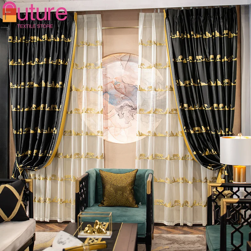 

Chinese Style Black and Gold Embroidered Blackout Curtains for Living Room Study Room Bedroom Window Screen Villa Customization