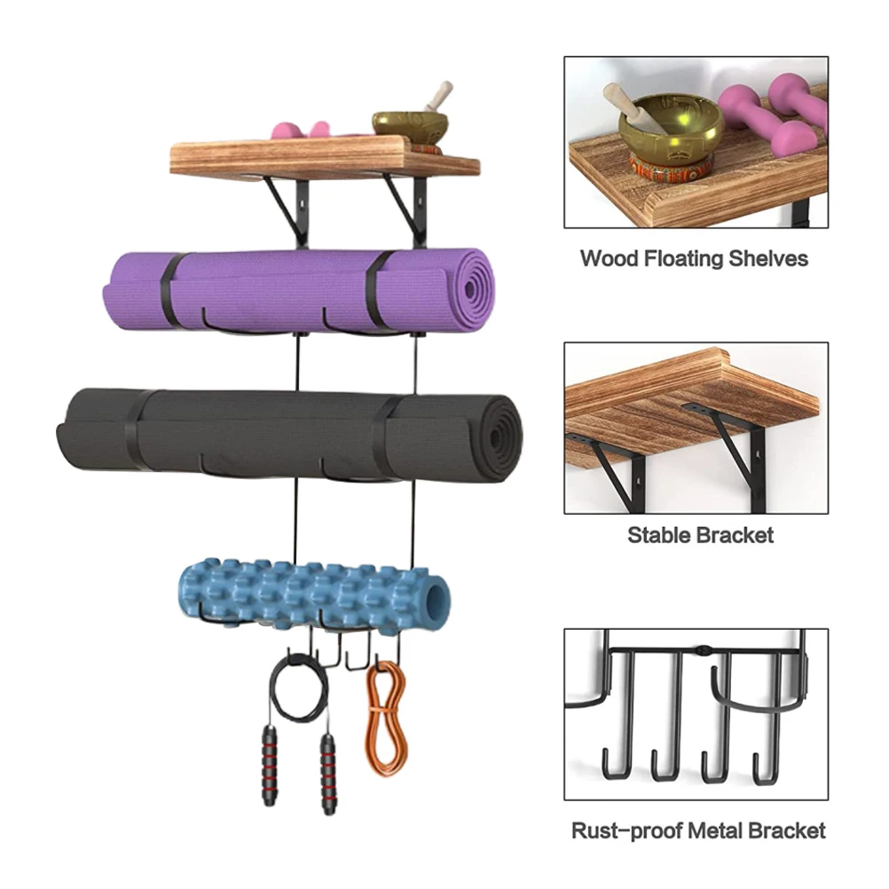 Wall Mount Yoga Mat Foam Roller and Towel Rack Yoga Mat Holder for Hanging Yoga Strap Resistance Bands