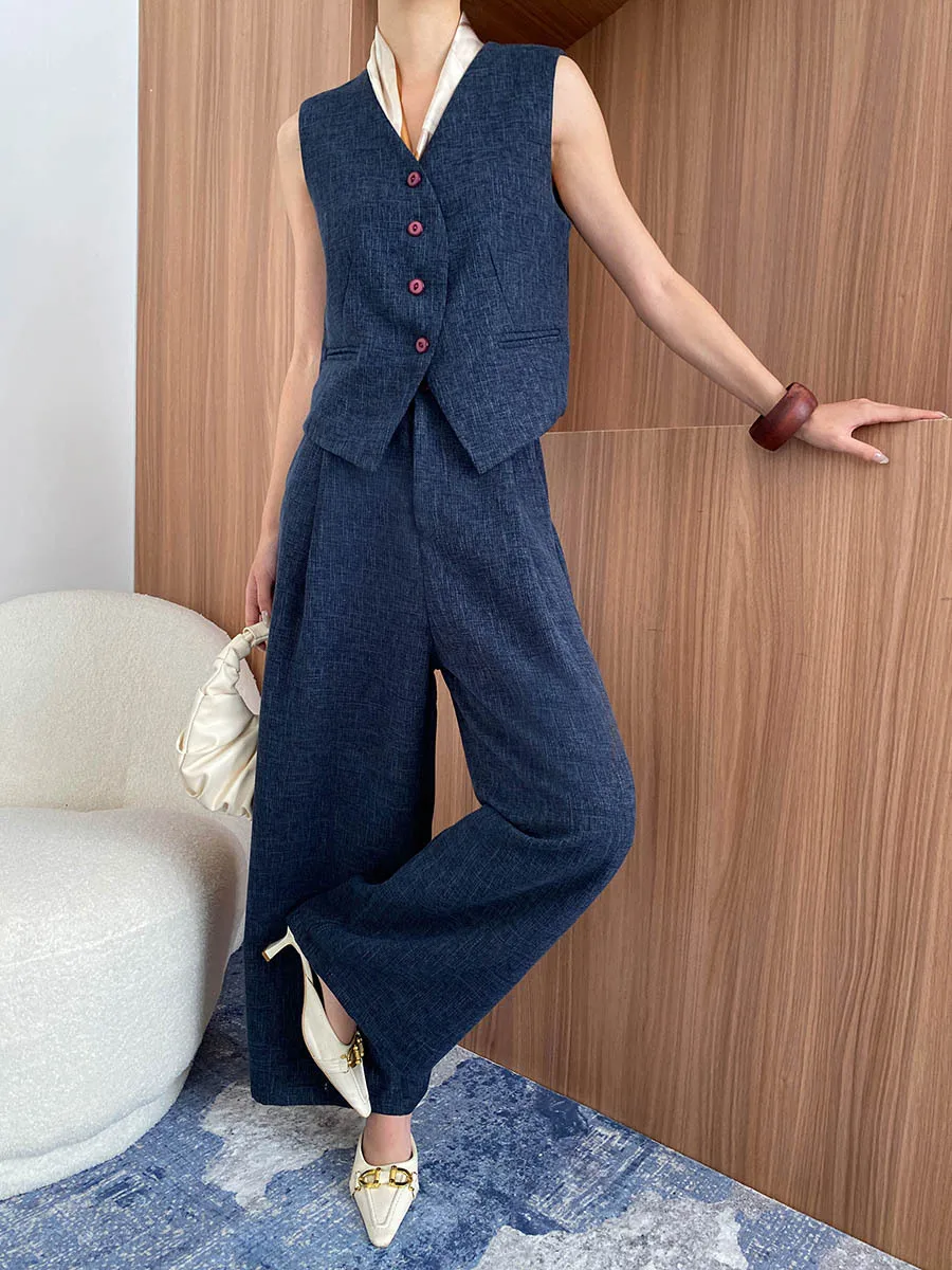 

Street Vest Trousers Outfit Spring Women Single Breasted Sleeveless Vest+High Waist Loose Wide Leg Pants Summer Two Piece Set