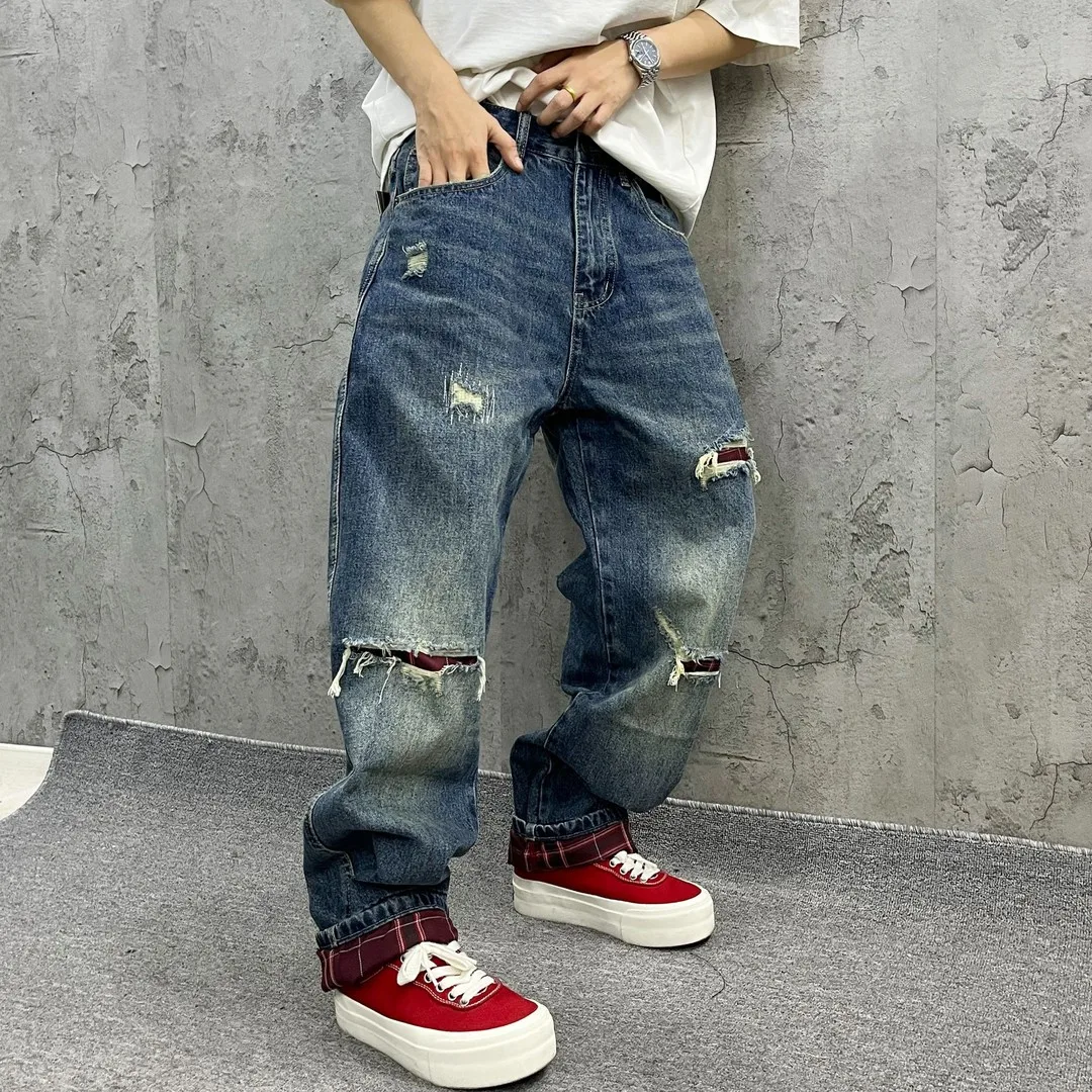 

Мужские джинсы прямого кроя в стиле ретро, с эффектом потертости, в клетку, свободного кроя, осенние, из плотного денима, смесовая ткань (хлопок/полиэстер), молодежные, повседневные