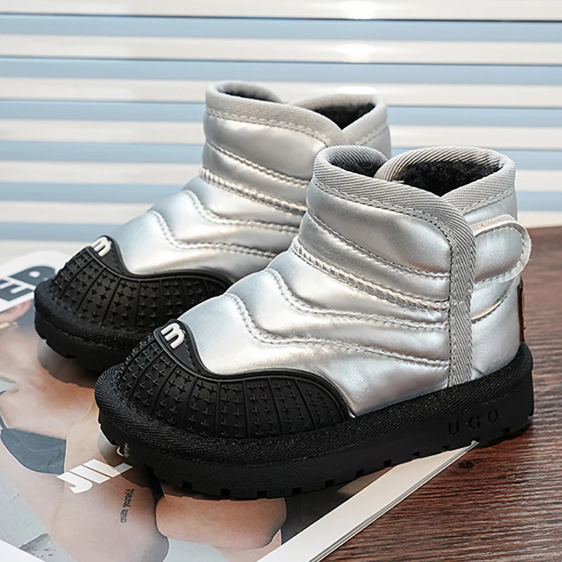 

Зимние сапоги из искусственной кожи для детей, непромокаемые уличные детские плюшевые ботинки, толстые теплые теплые ботинки для мальчиков и девочек, зимняя хлопковая обувь