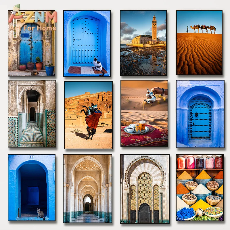 AZNM Morocco Travel Canvas Wall Art Blue Door Desert Camel Mosque Spice Market Scenery Picture Unframed Canvas Home Decor Painti