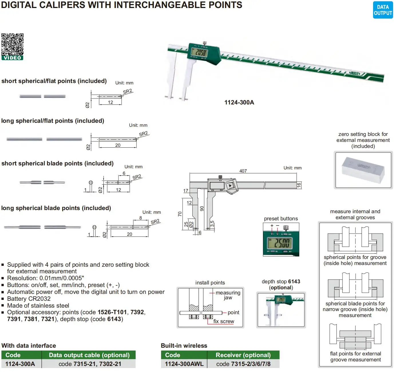 INSIZE 1124-300A Digital caliper with interchangeable anvil