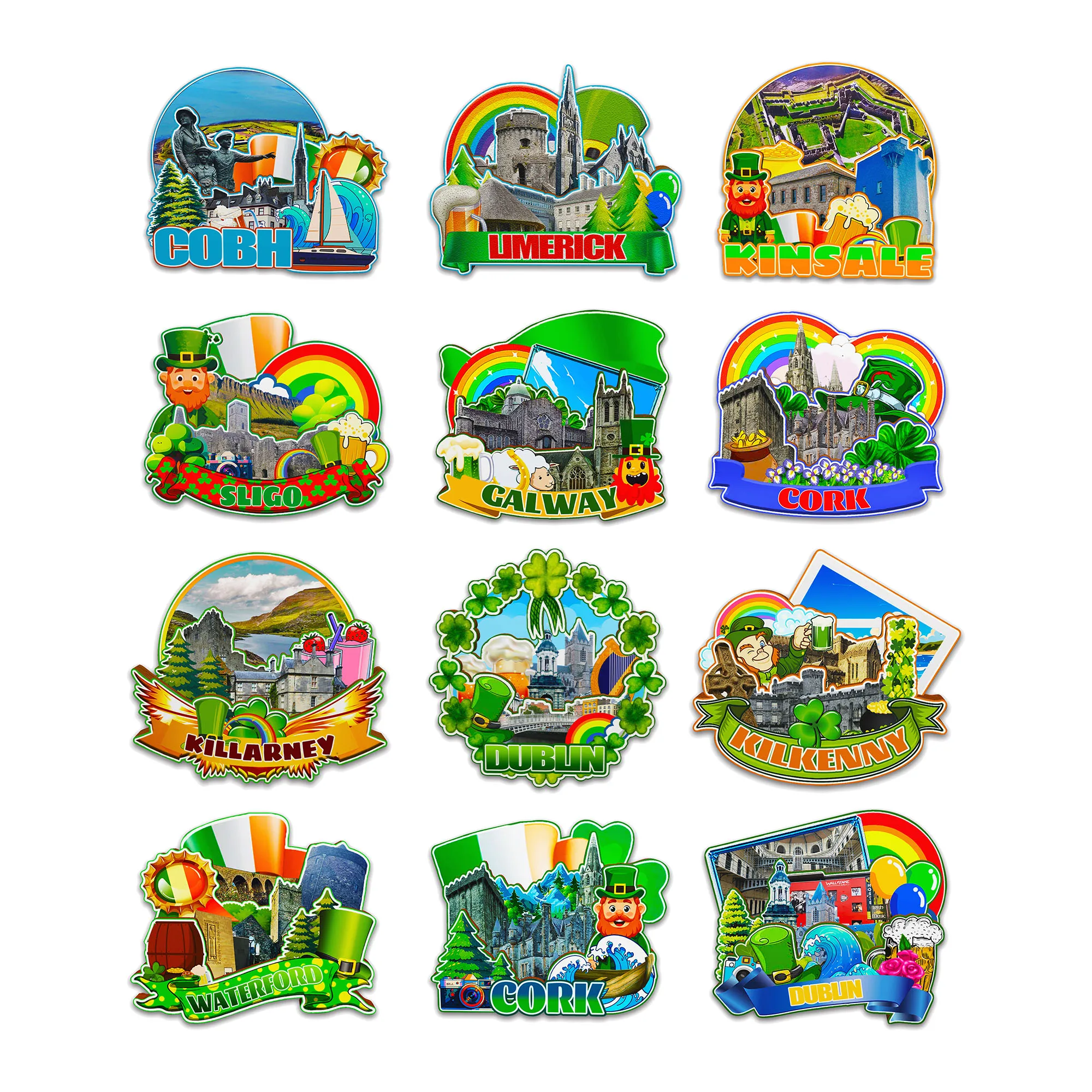 Imanes decorativos para Coby Sligo Kinsale Killarney Kilkenny Waterford Galway Corcho Dublín Irlanda Ciudad Punto de referencia Recuerdos de viaje