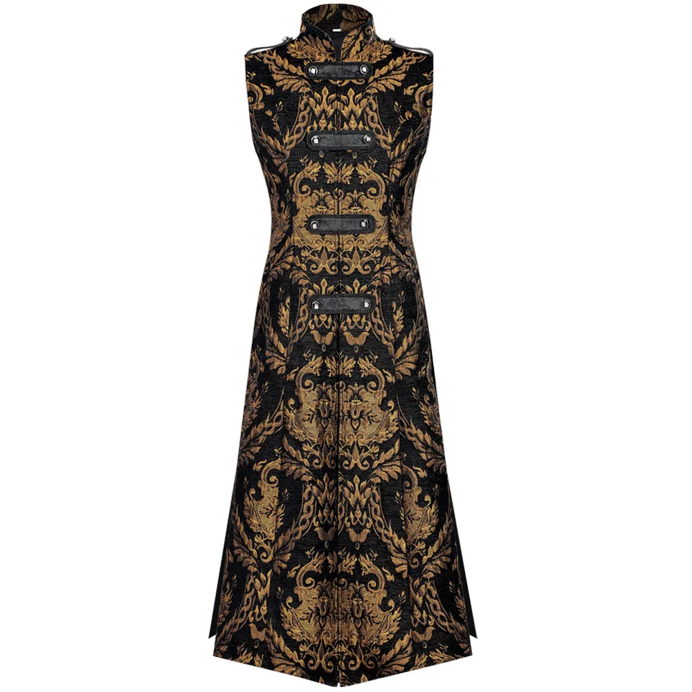 

Halloween Gold Black Color Matching Long Robe for Men Party Stage Punk Goth Sleeveless Stand-up Collar Dress Male Punk Costume