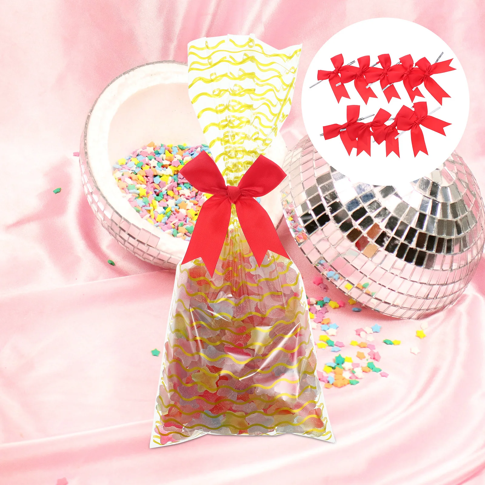 

50Pcs Red Handmade Twist Tie Ribbon Bows Mini Craft Candy Packaging Wedding Birthday Cake Wrap Decoration Party Favor