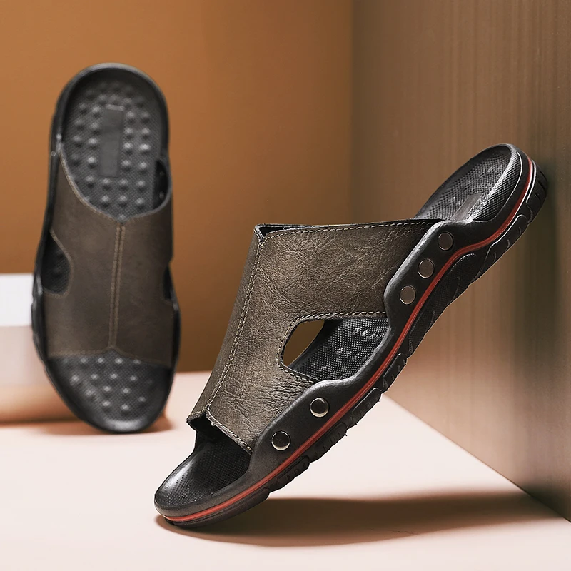 Leather Suede Sole Men Cork Slippers Summer Casual Double Buckle Non-slip Clogs Slides Slip on Flip Flop Men Shoes Unisex