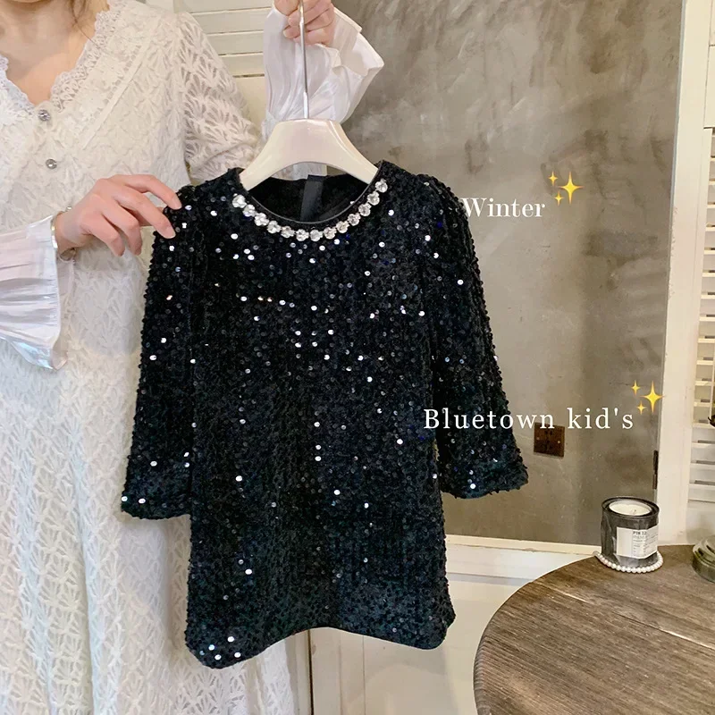 Girls\' Dress Winter New Foreign Style Girls Velvet Princess Dress Children\'s Fashionable Sequined Heavy Industry Dress