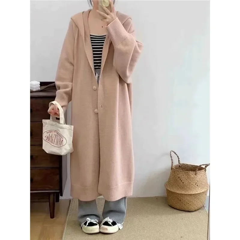 

Loose Long Hooded Open Cardigan Coat Comfortable Casual Leisure Soft Cozy Knitted Sweater Jacket Women's Korean Style Vintage