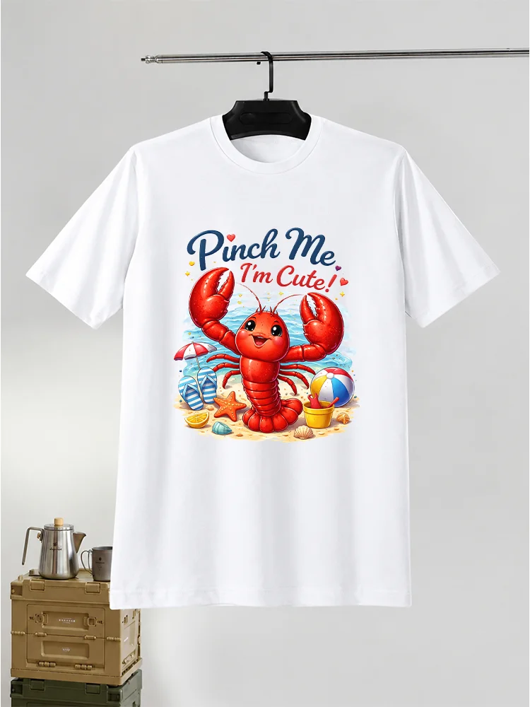 Cartoon Lobster 'Pinch Me I'm Cute' Slogan T-Shirt Street Trend Printed Tee Men's Gift Everyday Wear 100% Cotton