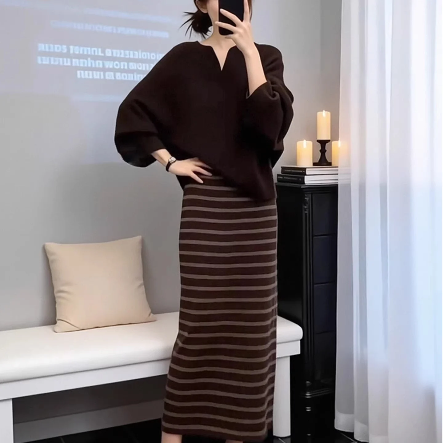 Original High Quality Winter Knitted Sweater And Stripe  Skirt Two Piece Set for plus Size Women Korean Style Casual Spor...