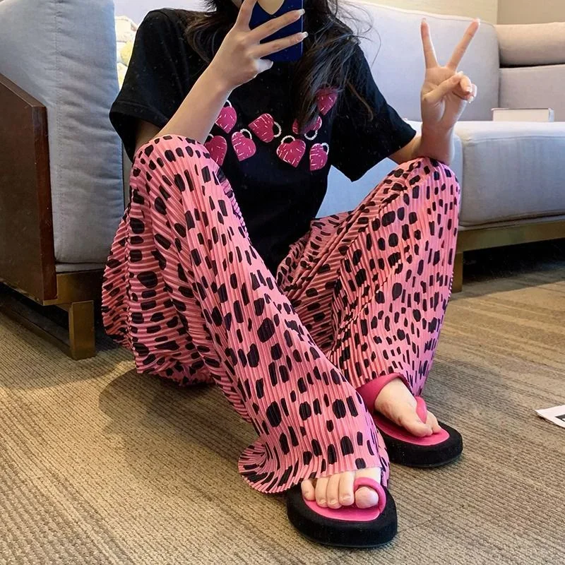 2026 retro y2k feminino rosa leopardo impressão calças de perna larga cintura alta plissado flowy até o chão para estilo rua