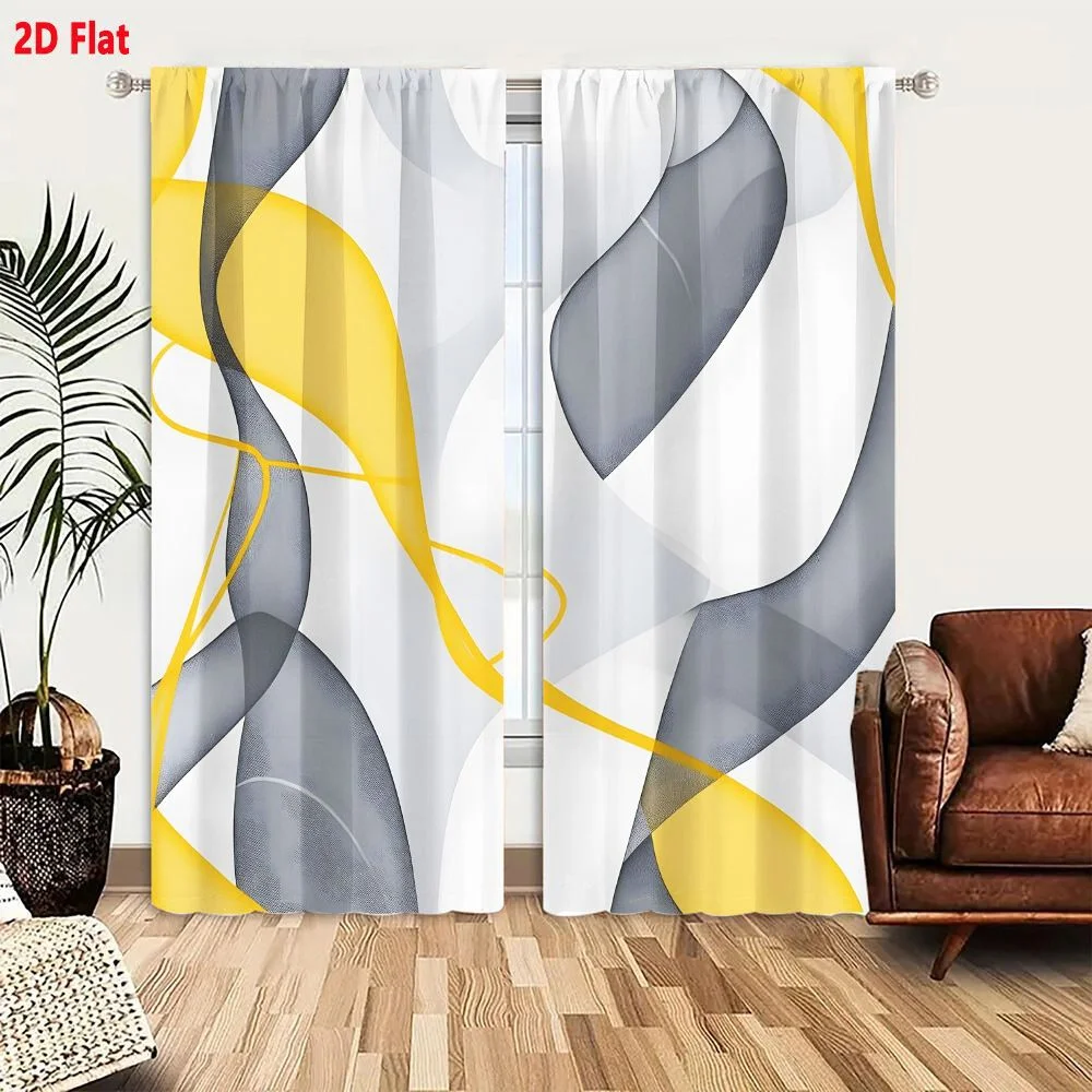 2Pcs Curtains Abstract Fluid Ribbon Art With Soft Grays Crisp Whites And Vibrant Yellow Accents Window Drapes for Bedroom Room D