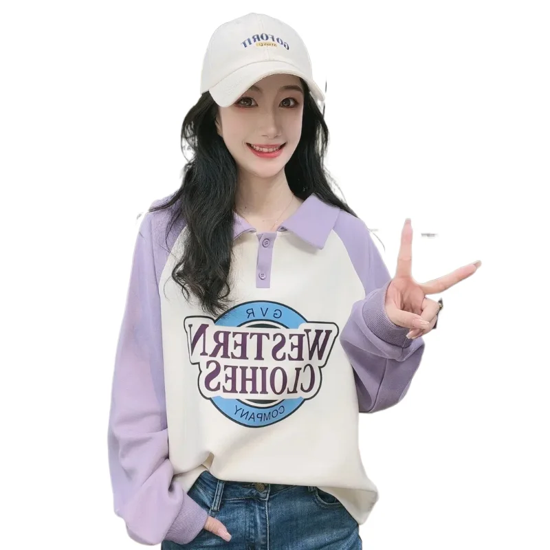 

Dulu Design Exquisite Small Polo Collar Loose Printed Women's Color Blocked Long Sleeved T-shirt Women's Top