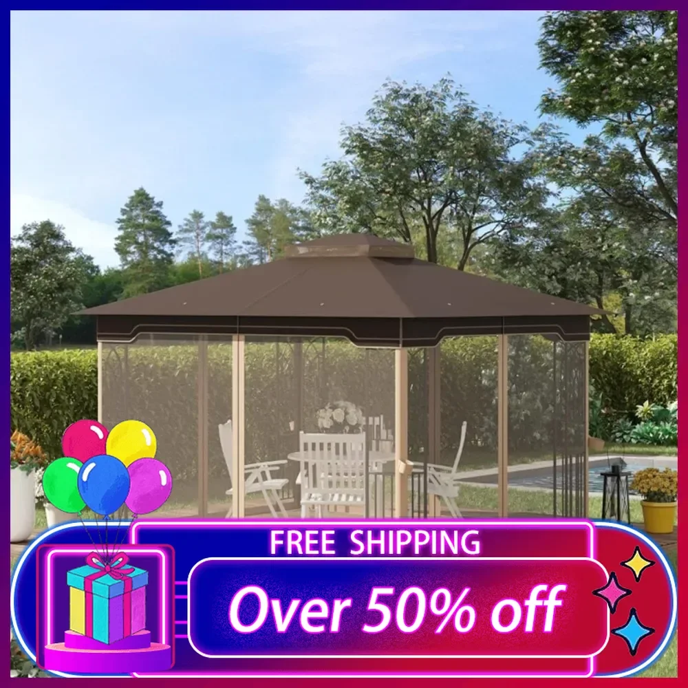 12x10FT Patio Gazebo, Suitable for garden awnings, terrace pavilion awnings, Coffee Brown, Beige, Double-vented roof