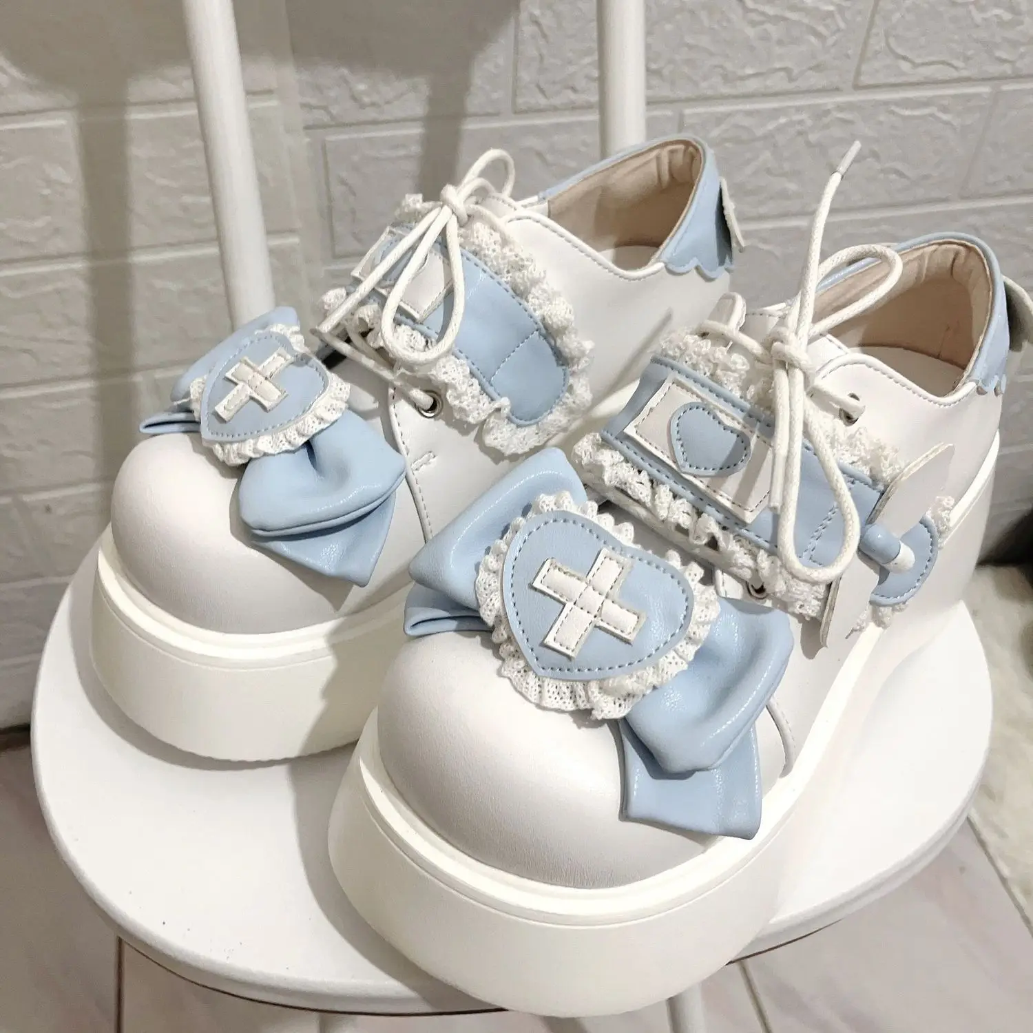 

Sweet Cute Bowknots Lolita Platform Mary Janes Shoes for Women Lace Heart Bow Ankle Strap Wedge Heel Preppy Style Princess Shoes