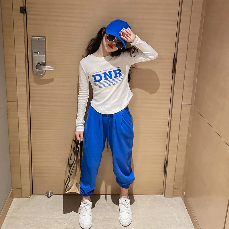 

Fashion Girls Tracksuit klein blue Autumn Clothing Kids White Tees Long Sleeve T-shirts + Pants Sets Spring Children's Clothes