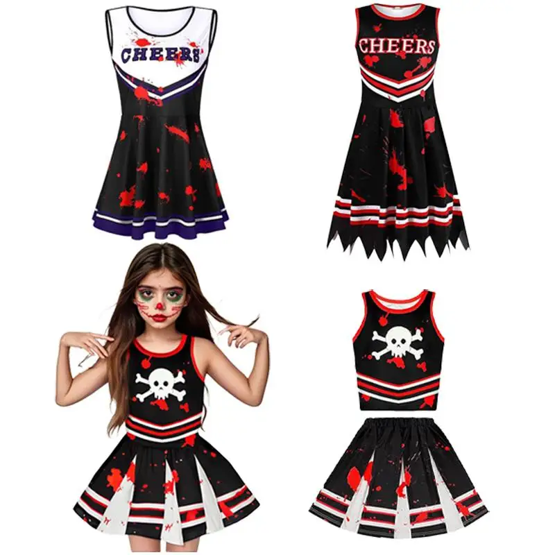 

Halloween Zombie Cheerleader Costume Bloody Dress Easter Vampire Skeleton Ghost Cheer Pom-Pom Sock Kid Girl Scary Skirts Clothes