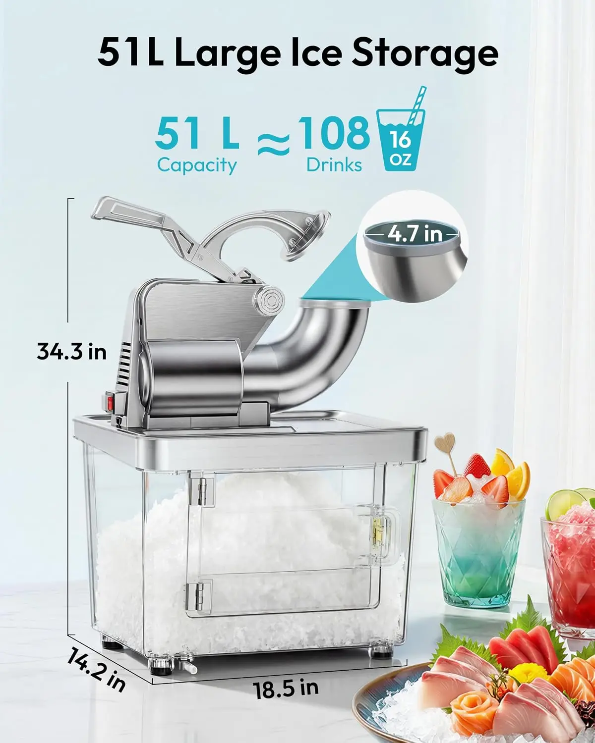 Snow Cone Machine, Large 51L Commercial Shaved Ice Maker with 661 Lbs/H Output, 300W Electric Ice Shaver with Dual Blades, ETL Certified Snow Cone Maker for Home & Commercial Use, Silver
