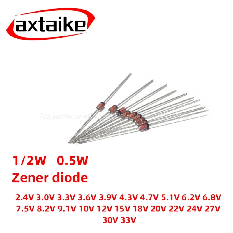 

50PCS 0.5W 1/2W Zener Diode DO-35 5% Tolerance 3.3V 5.1V 12V 24V 2.4V 9.1V 5V6 6V8 27V BZX55C (5-30V Assorted Voltages)
