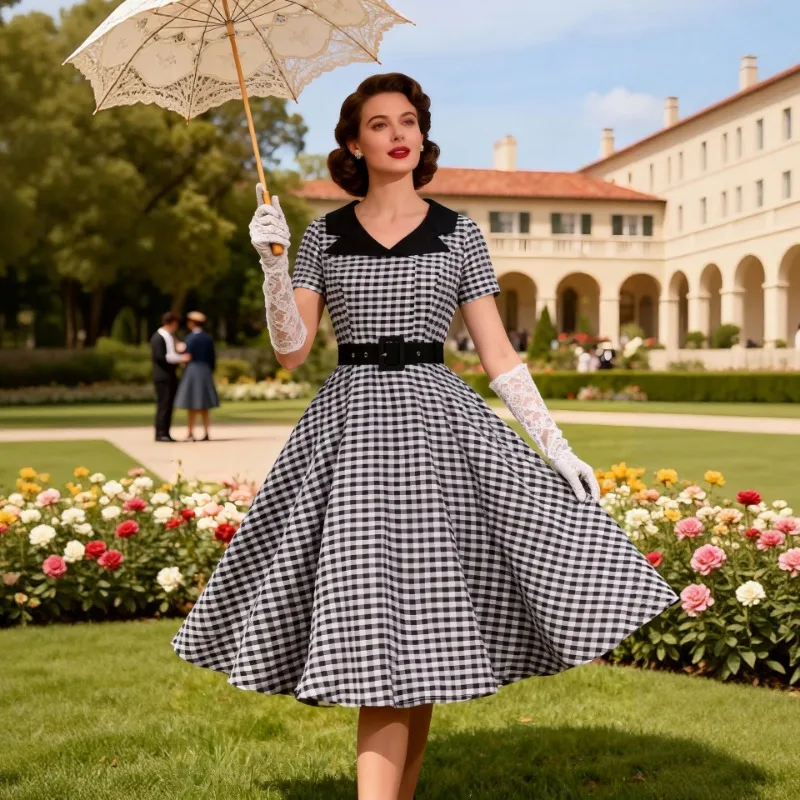 

2026 New Hepburn Retro Polka Dot Short Sleeve Dress 50s Streetwear Color Block High Waist Maxi Elegant Vintage Women's Dresses