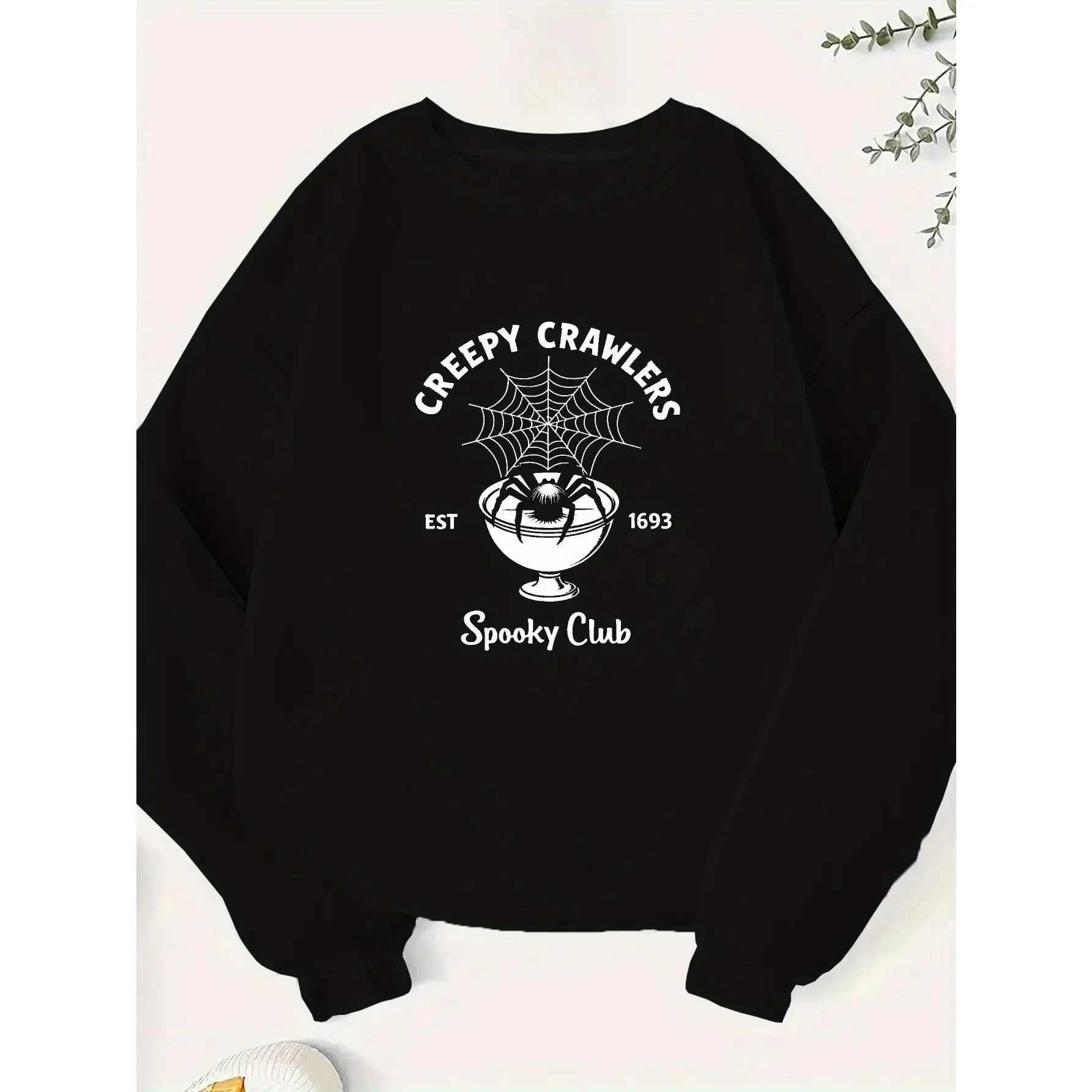 

Funny Halloween Graphic Sweatshirt for Women, Creepy Crawlers Spooky Club Print Crewneck Top, Horror Party Costume Gift