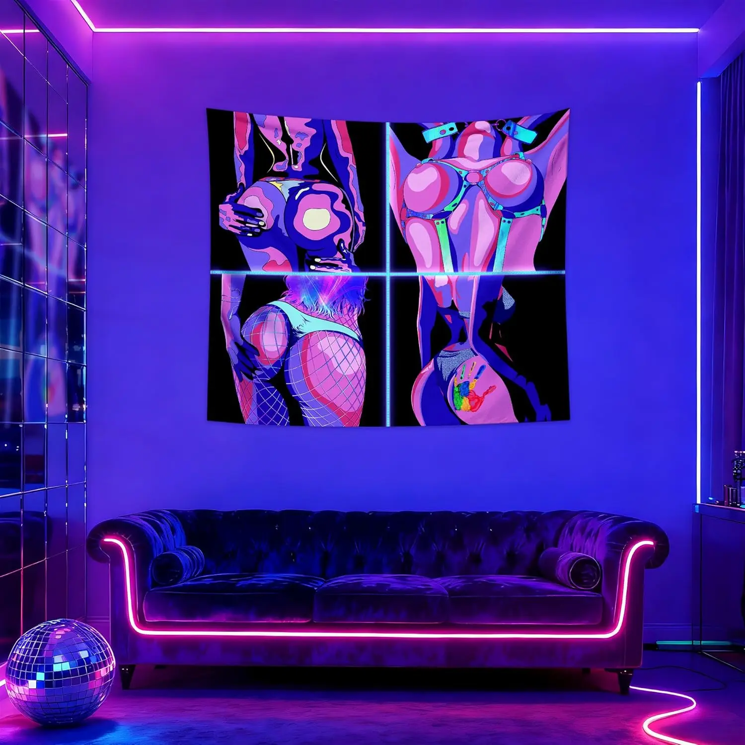 Blacklight Tapestry - Neon Sexy Girl Wall Art, Trippy Rave Party Decor, Glow in Dark Bedroom, Multiple Sizes