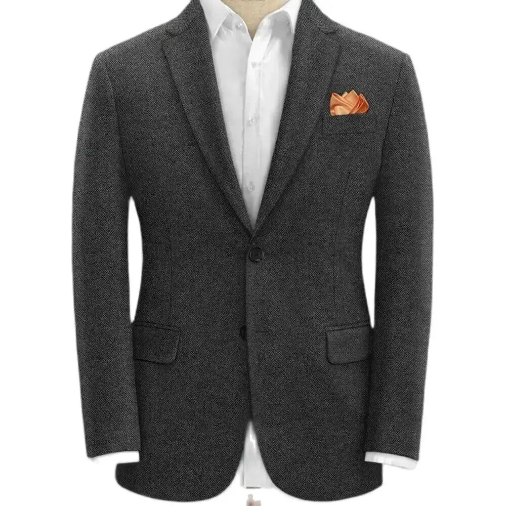 

Dark Grey Herringbone Blazer for Men Notch Lapel Single Breasted Suit Woolen Jacket Formal Fashion Coat for Wedding/Business