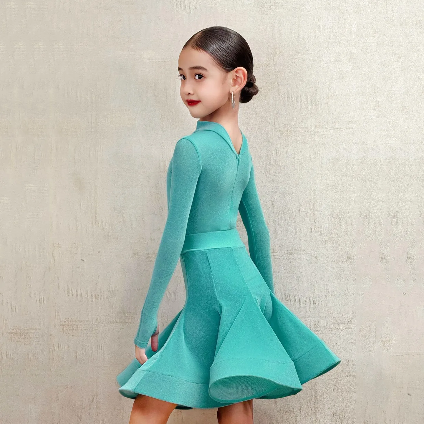 Kinder Latin Dance Kleid Für Wettbewerb Mädchen Langarm Performance Anzug Hoher Kragen Latin Set Rosa Cha Cha Kleidung 2181