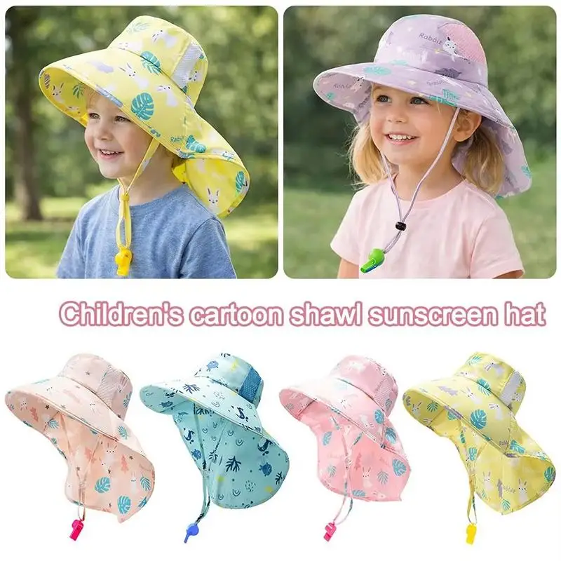 Summer Kids Sun Hat With Neck Flap Strap Wide Brim Beach Hats Kids Bucket Hat UV Protection Panama Cap For Boys Girls Outdoor