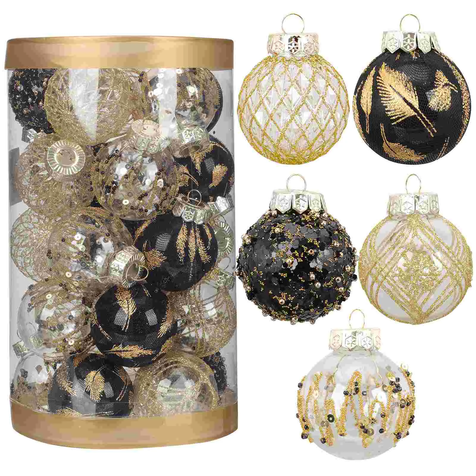 25 Pcs Christmas Clear Baubles Decorations Mini Ornaments Xmas Hanging Adornment Wreath Black Plastic