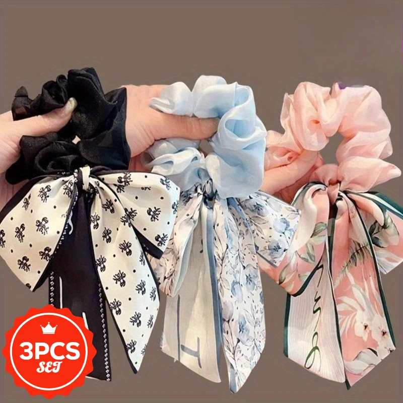

3Pcs/set High Elastic Bow Hair Bands, Versatile Floral Print Hair Ties for Women, No Crease Hair Bands for Work/Daily