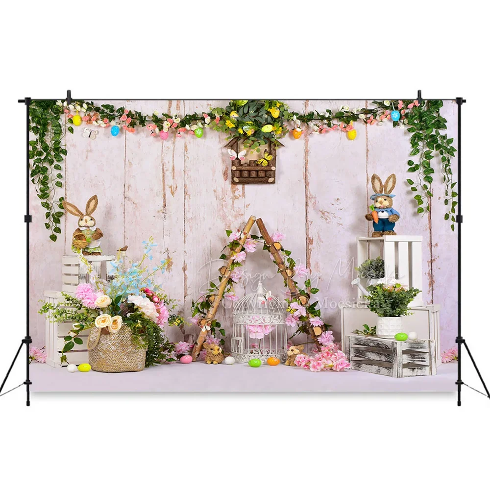 Mocsicka Easter Baby Party Photo Studio Props Background Garden Rabbit Carrot Wooden Backdrop Girl Boy Kids Birthday Photobooth