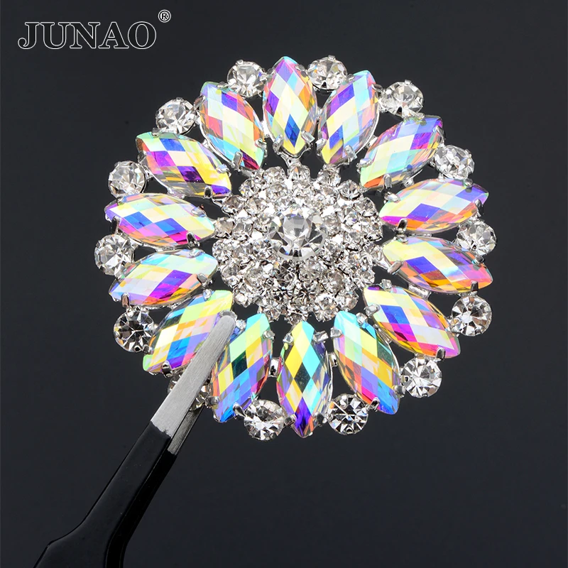 JUNAO 1Pcs 50mm Rose AB Glass Flower Rhinestone Sew On Flatback Claw Crystal Appliques For Clothes Jewelry Making DIY Carfts