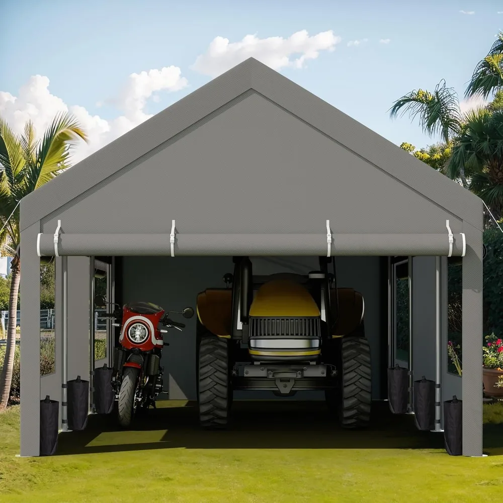 JY QAQA Carport، مرآب عالي التحمل بطول 12 × 20 قدمًا مع جدران وأبواب جانبية قابلة للإزالة، جراج محمول مع نافذة قابلة للطي وSandba