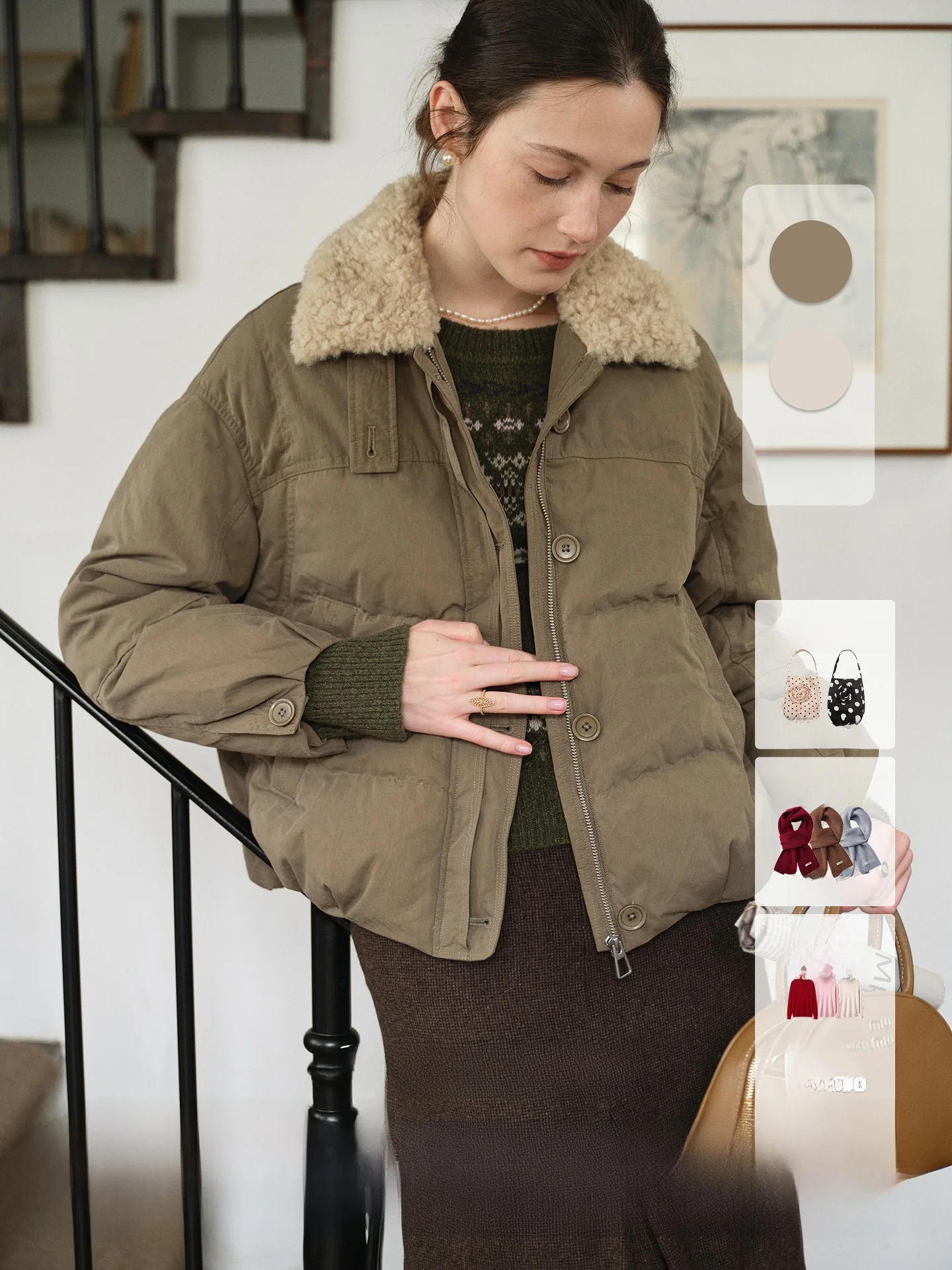 SimpleRetro Women's Short Puffer Jacket 90% White Duck down Collar Coat Bread Style Warm Fluffy Lapel Zipper Closure High Waist