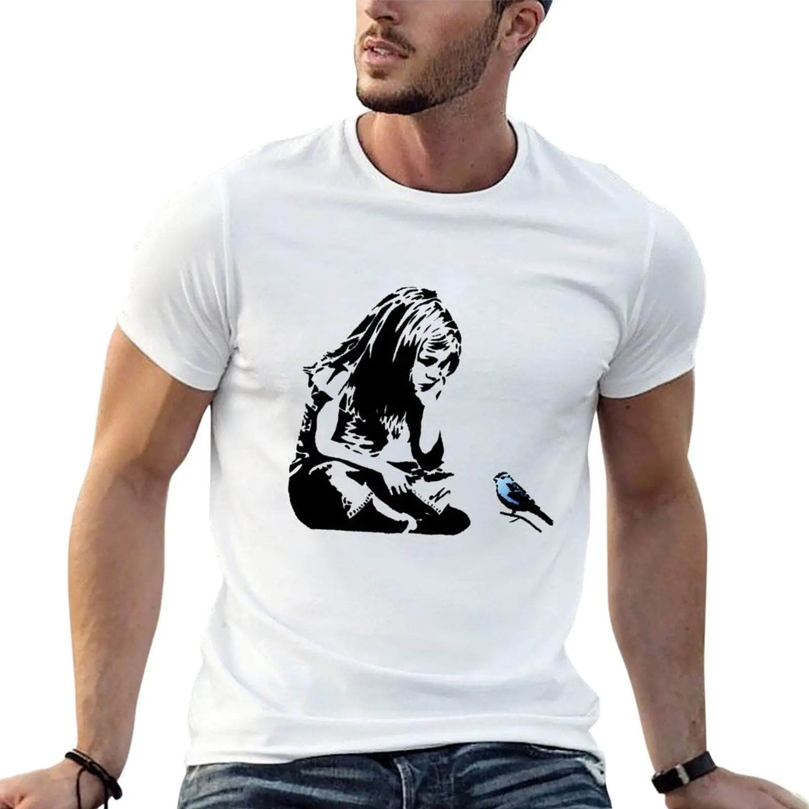 

Banksy Canvas Print Girl With Bluebird T-Shirt t shirts for man graphic vintage man t shirt summer man t shirt cotton T-shirt