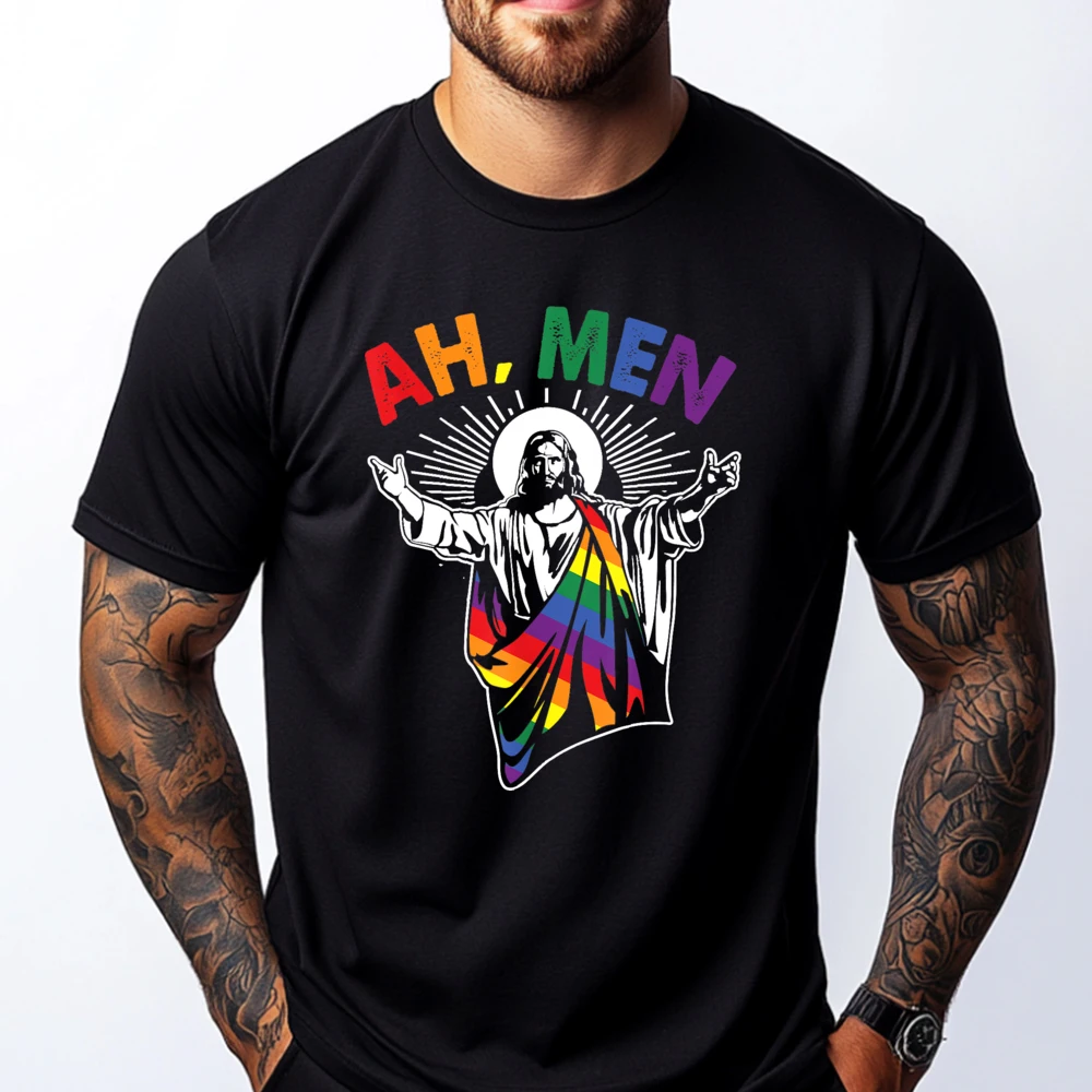 

Ah Men Funny LGBT Gay Pride Jesus Rainbow Flag Christian Short Sleeve T Shirt Men 100℅ Cotton New In Tops & Tees Print