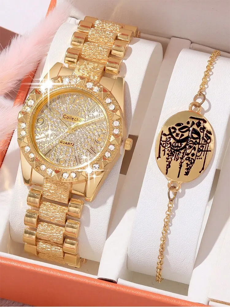 2PCs Women\'s Fashion Versatile Diamond Steel Band Gold Quartz Watch+Bracelet Set