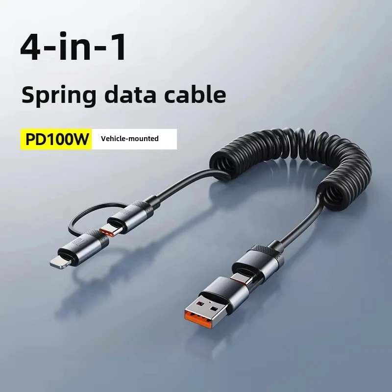 100W Dual Drag Spring Data Cable USB Type C For iPhone 15 Huawei  6A Extendable Four-In-One USB C Fast Charging Cord