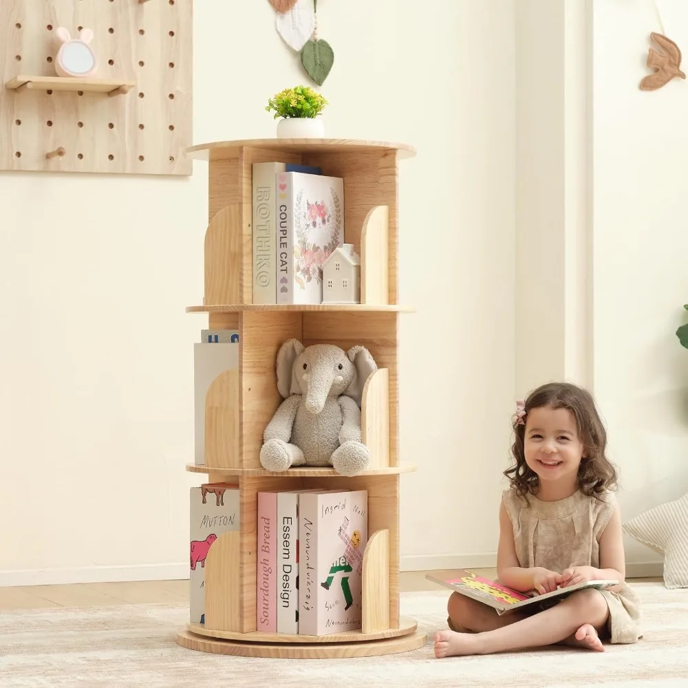 Three-Level Rotating Montessori Bookshelf for Kids, Large Storage Rack with 360-Degree Display for Compact Spaces