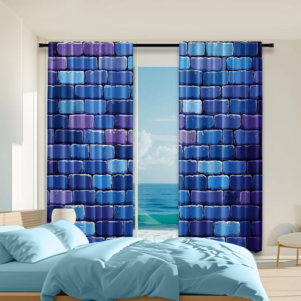 2 pcs, versatile polyester transparent curtains for home decoration Blue Brick Wall for use in bedrooms and living rooms