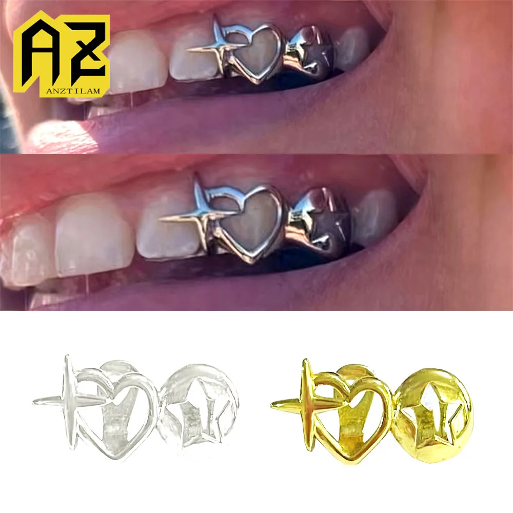 

Anztilam Cross Heart Out Iced Out Grillz Full Zircon Teeth Shine Grills Men Women Hip Hop Tooth Grill Caps Brass Fashion Jewelry