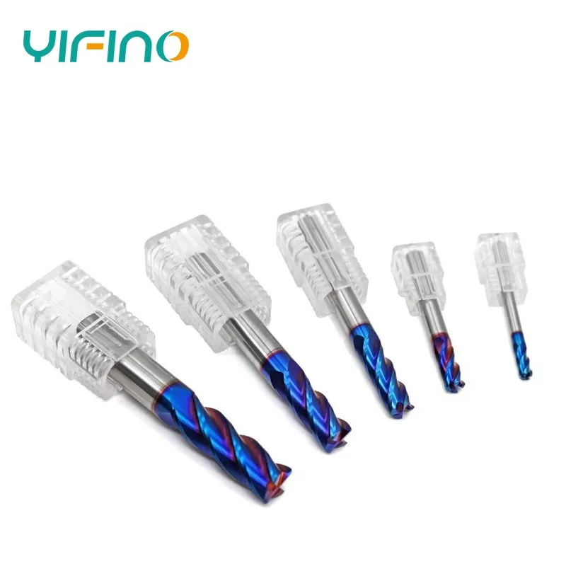 YIFINO HRC70 4-Flute Blue Nano Coating Milling Cutter Tungsten Steel Carbide Flat End Mill For CNC Machining Endmill Tools