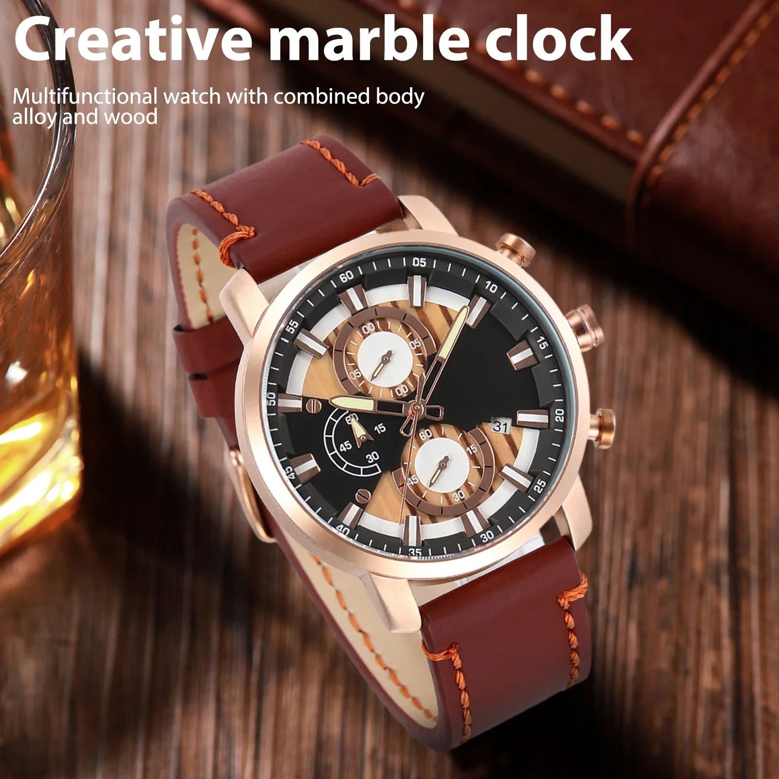 KityKiss New Wooden Men's Multi Functional Quartz Watch Fashion Luxury Business Watch Exquisite Wedding Birthday Gift Box