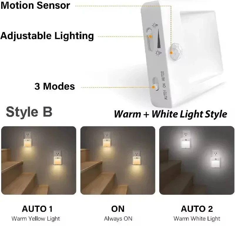 Lampu malam Sensor gerak LED colokan US EU UK AU lampu malam Sensor dapat diredupkan untuk kamar tidur lorong koridor