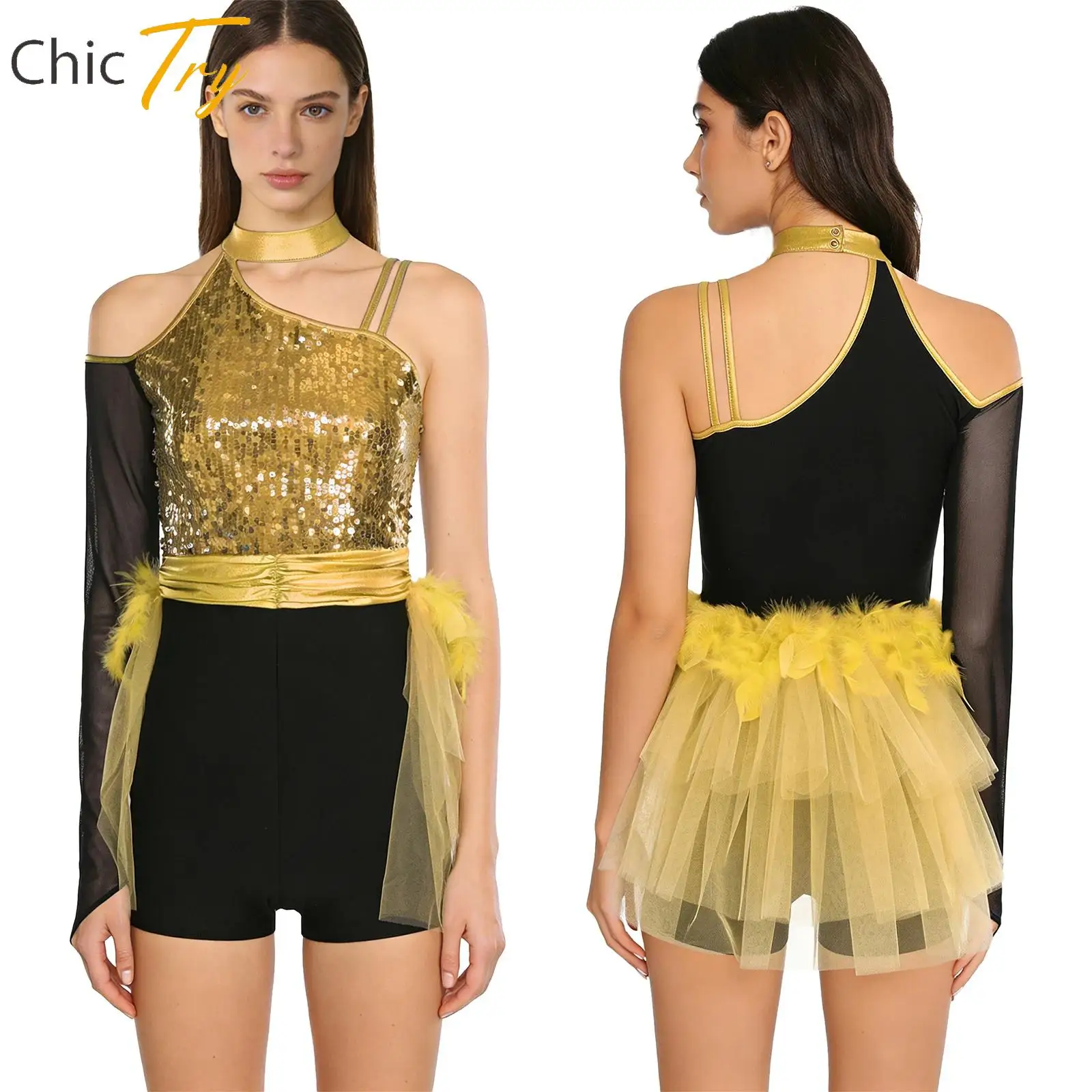 

Women Latin Chacha Dance Performance Bodysuit Costume One Shoulder Long Sleeve Sequin Feather Rompers Jumpsuit for Spanish Dance
